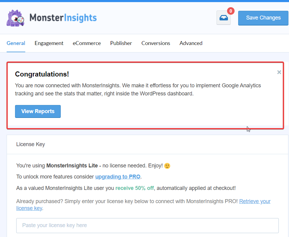 Tekan tombol Connect MonsterInsights, selanjutnya jalankan plugin MonsterInsights