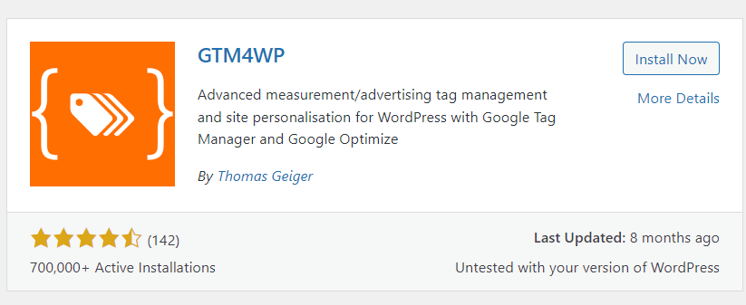 Cari “google tag manager” di kolom teks lalu Instal dan Aktifkan plugin